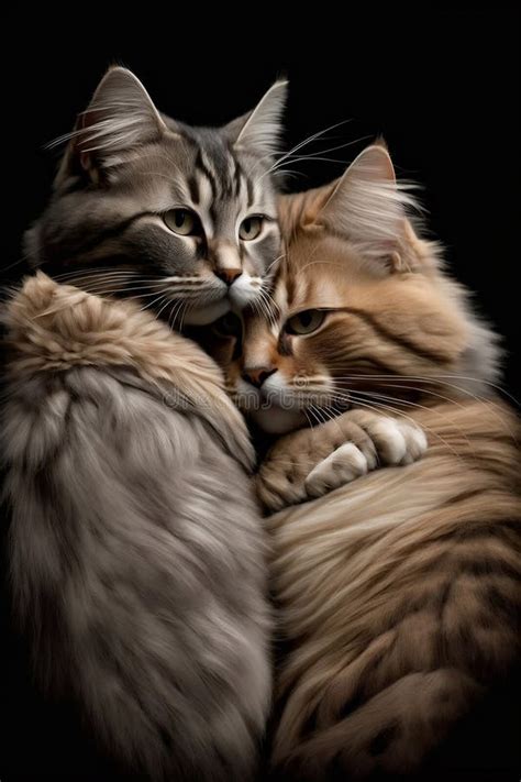 Close Up of Two Cats Hugging Each Other on a Black Dark Background ...