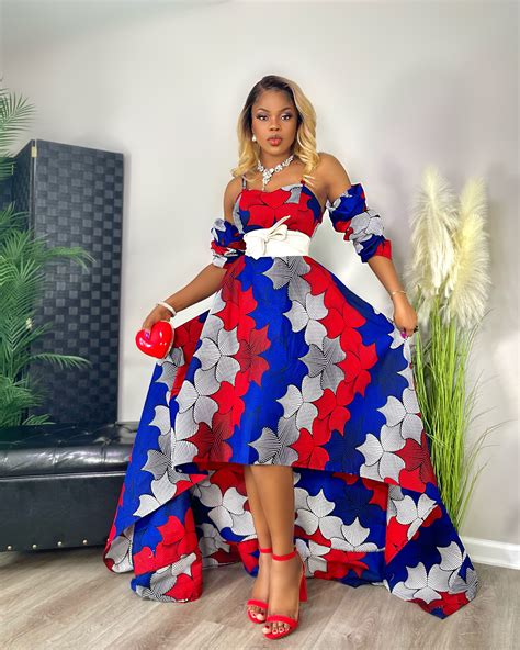 Queen Binta High Low Dress (In Blue White and Red African Ankara ...