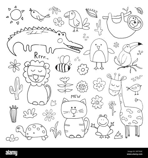 Animal Doodles Set. Cute Animals sketch. Hand drawn Cartoon Vector ...