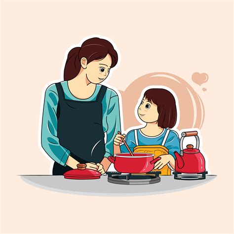 mom and daughter cooks soup at home vector illustration 3692651 Vector ...