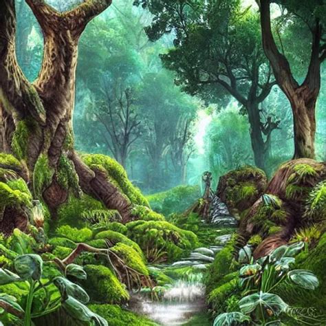 A lush green ancient fantasy forest, with large trees | Stable Diffusion