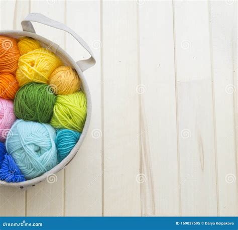 Yarn for Knitting Rainbow. Wood Background Stock Image - Image of color ...