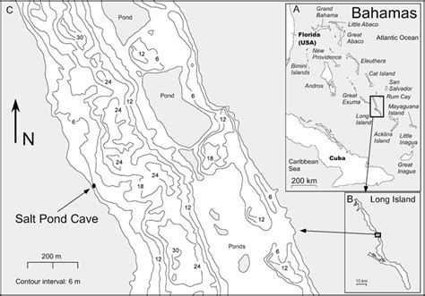 —A) Map of Bahamas Islands, B) map of Long Island with C) approximate ...