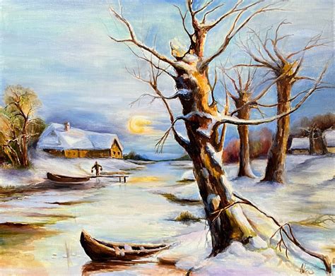 Winter Village Painting,ice River With Boats and Snowy Trees - Etsy