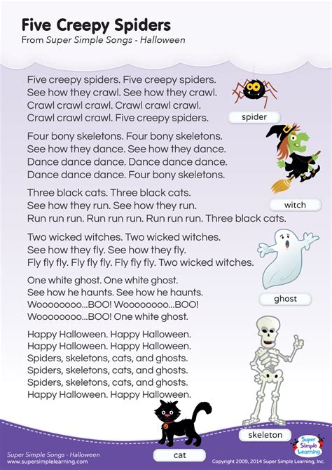 Five Creepy Spiders Lyrics Poster - Super Simple | Fun songs for kids ...