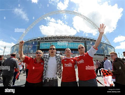 Rotherham United fans pose for a picture outside Wembley Stadium Stock ...