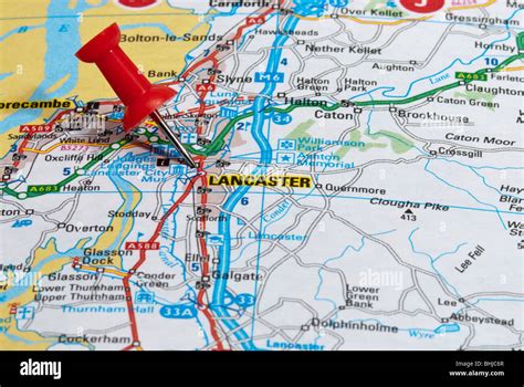 red map pin in road map pointing to city of Lancaster Stock Photo - Alamy