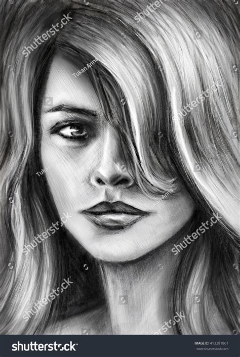 Girl Pencil Drawing Charcoal Drawing Black-and-white Stock Illustration ...