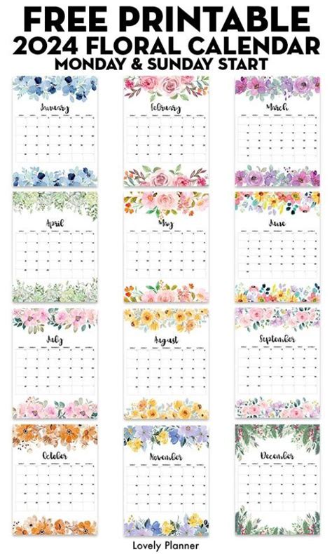 Free 2024 Floral Calendar Printable in 2023 | Free printable calendar ...