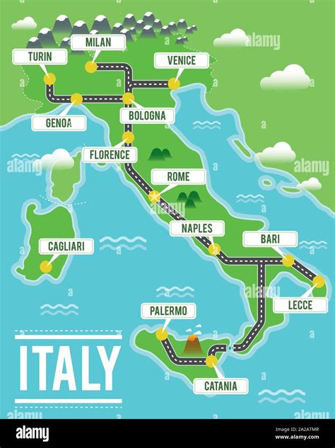 Cartoon vector map of Italy. Travel illustration with italian main ...