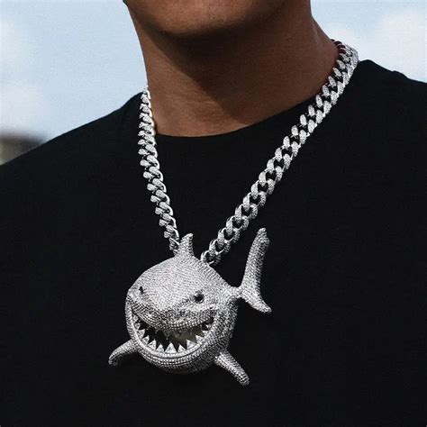 Iced Out Shark Pendant Necklace Full Of Crystal Bling CZ Stone For Men ...