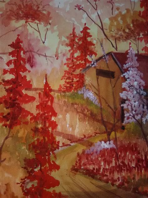 Autumn Red Forest, Watercolor Landscape Painting Print, of Original ...