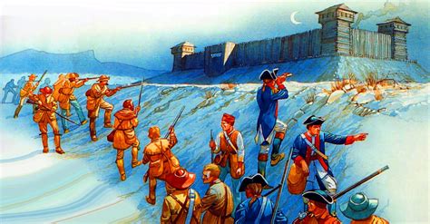 Ethan Allen leading a band of 83 men attacking Fort Ticonderoga ...