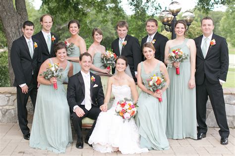 Sage Silk Bridesmaids Dresses with Black Groomsmen Tuxedos