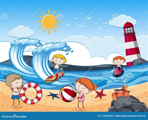 Kids with Beach Activities in Sunny Day Stock Vector - Illustration of ...