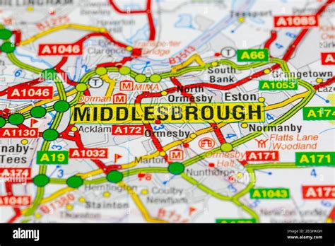 Middlesbrough and surrounding areas shown on a road map or geography ...