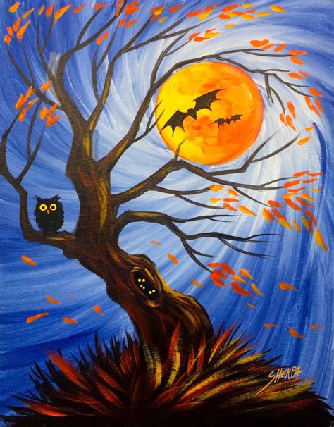 Spooky Tree Holding The Moon Easy Acrylic Painting Step By Step #13 ...