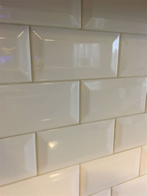 White beveled subway tile with alabaster grout | White beveled subway ...