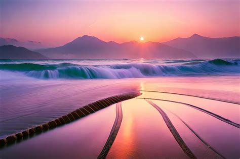 Premium AI Image | A sunset with a wave breaking on the beach