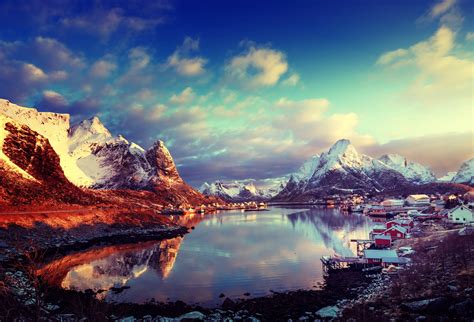 clouds, Sky, Sun, Norway, Bay, Winter, Mountains, Snow, Lofoten Islands ...