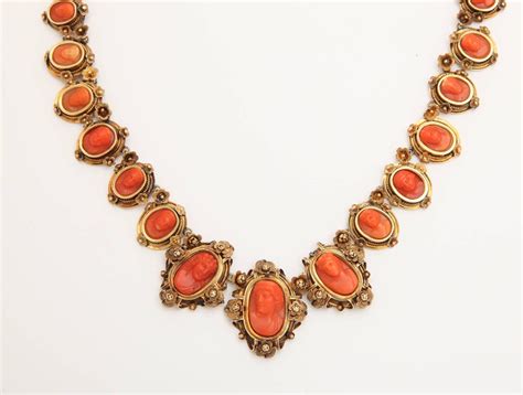 1870s Carved 18k Coral Gold Link Necklace, Torre del Greco, Italy For ...