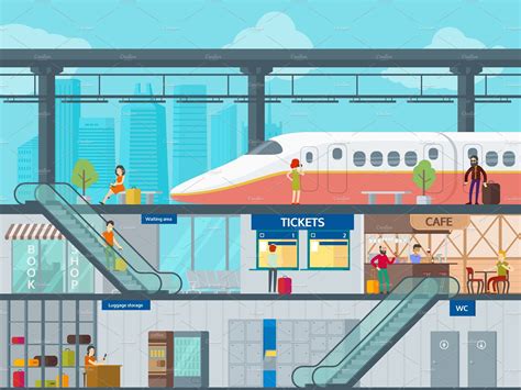 Colorful Train Station Flat Template | Decorative Illustrations ...