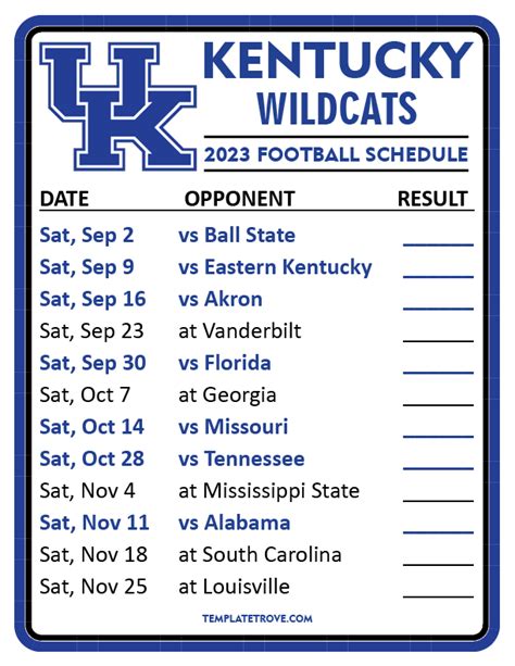 Kentucky Wildcats Basketball Printable Schedule