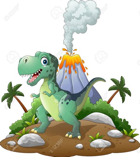 Illustration Of Cartoon Happy Dinosaur In The Prehistoric Background ...