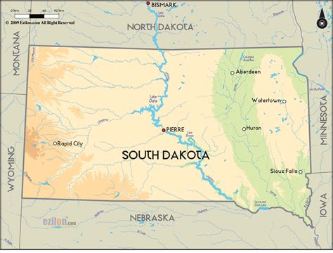 Geographical Map of South Dakota and South Dakota Geographical Maps