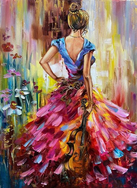 Violin Girl Oil Painting Canvas Original Beautiful Woman Wall Art ...