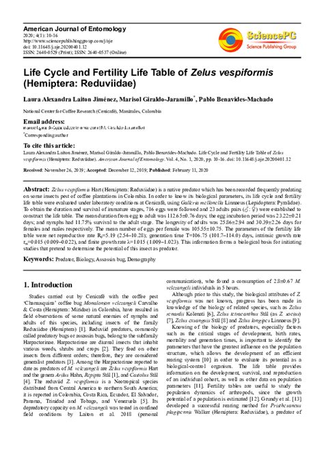 (PDF) Life Cycle and Fertility Life Table of Zelus vespiformis ...