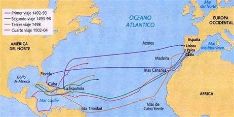 Mapa que muestra las rutas recorridas por Cristóbal Colón en sus cuatro ...