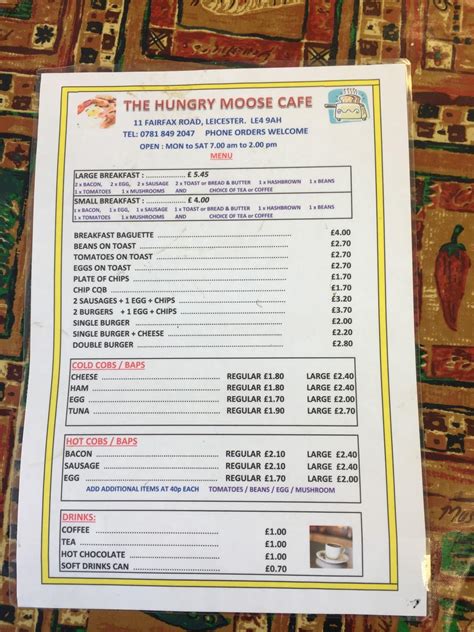 Menu at The Hungry Moose Cafe, Leicester