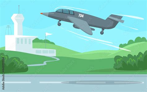 Military plane taking off. Cartoon vector illustration. Gray aircraft ...