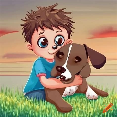 Cute cartoon boy and his dog