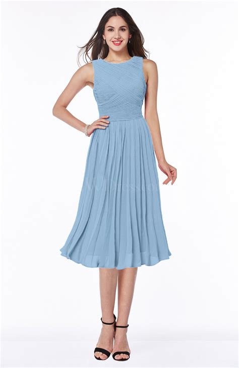 Sky Blue Modern A-line V-neck Sleeveless Tea Length Pleated Plus Size ...