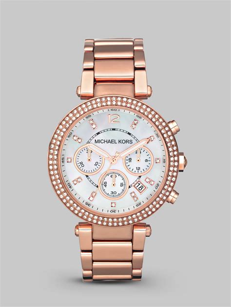 Michael kors Parker Pave Mother-of-pearl & Rose Goldtone Stainless ...