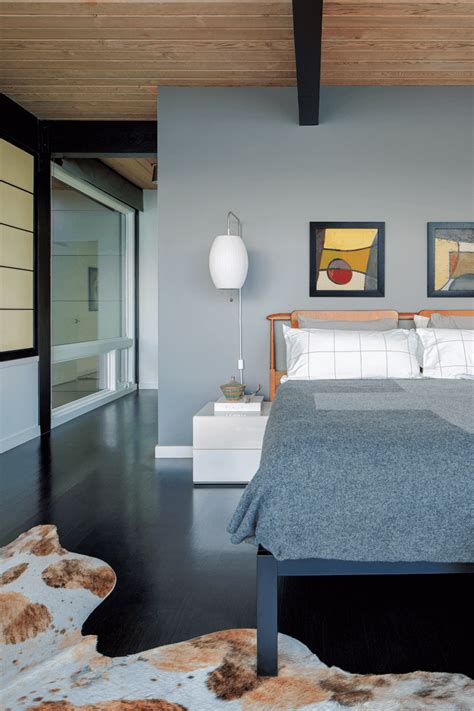 Mid Century Modern lake house bedroom with a soothing gray color scheme ...