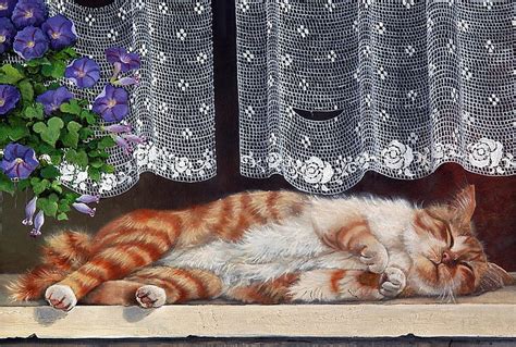 Sleeping cat, flower, painting, pictura, cat, pisic, art, sleep, zorele ...