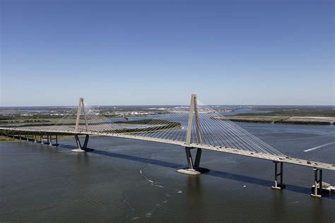 Aerial view of the Arthur Ravenel Jr. Bridge, a cable-stayed bridge ...