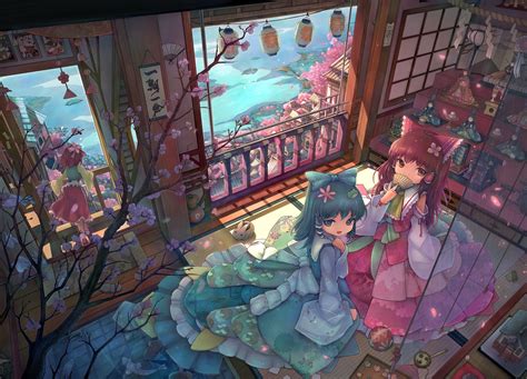 壁纸 : 绘画, 动漫女孩, 房间, 东方, Kochiya Sanae, Hakurei Reimu, 漫画, Hieda没有Akyuu ...