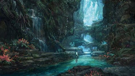 Wallpaper : forest, digital art, fantasy art, cave, jungle, stream ...