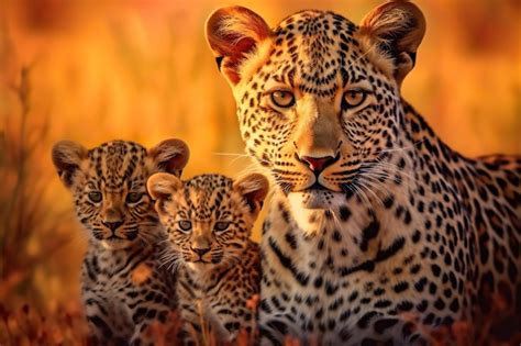 Premium AI Image | A leopard mother and her cubs