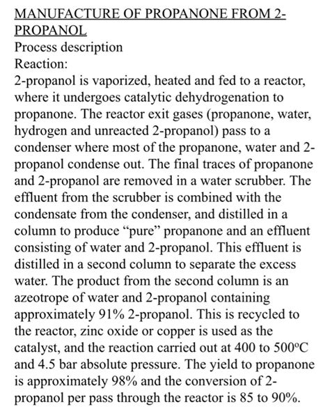 MANUFACTURE OF PROPANONE FROM 2- PROPANOL Process | Chegg.com | Chegg.com