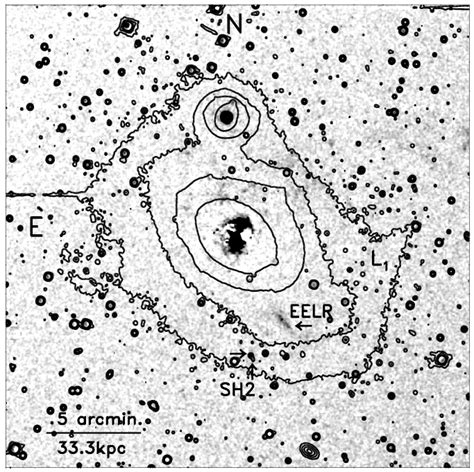 ÈHa ] [N II] image of NGC 1316 and environment (gray scale) overlaid ...