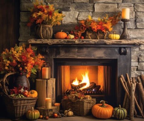 Premium AI Image | A cozy fireplace adorned with autumn decorations