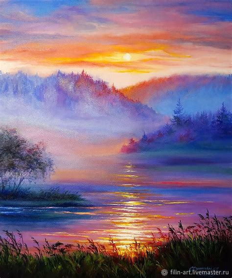 Landscape Oil Painting on canvas - "Sunset in the Fog" – купить на ...