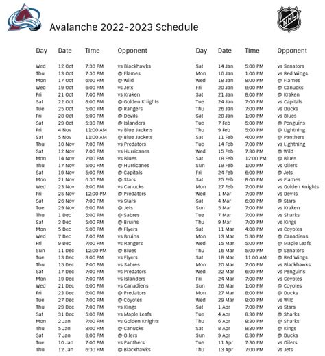 Colorado Avalanche 2022-23 Season Schedule