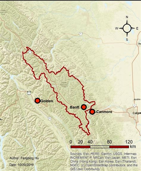 Map of Banff National Park and the locations of its three gateway ...