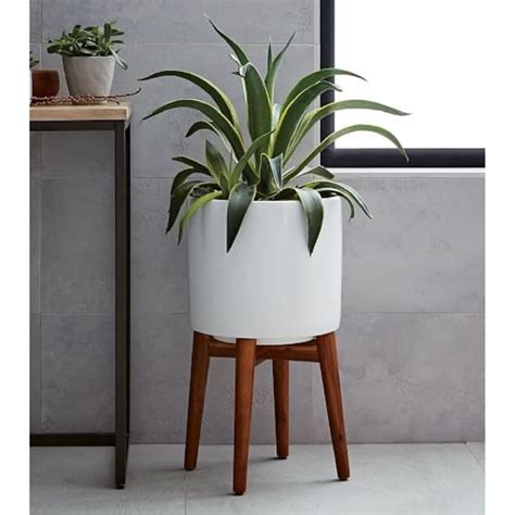 West Elm Ceramic Planter w/ Solid Wood Stand - AptDeco